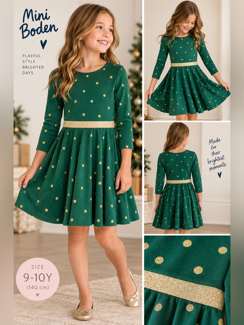 Mini Boden Green Dress with Gold Polka Dots and Glitter Waistband